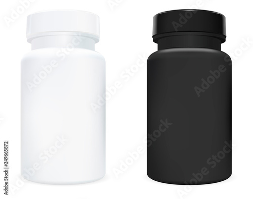 Supplement Bottle for Medicine Capsule. Pill Jar 3d Set. Sport Drug Bottle Black and White Design. Pharmacy or Cosmetic Medication Container with Lid. Medical Collection Package Mockup.