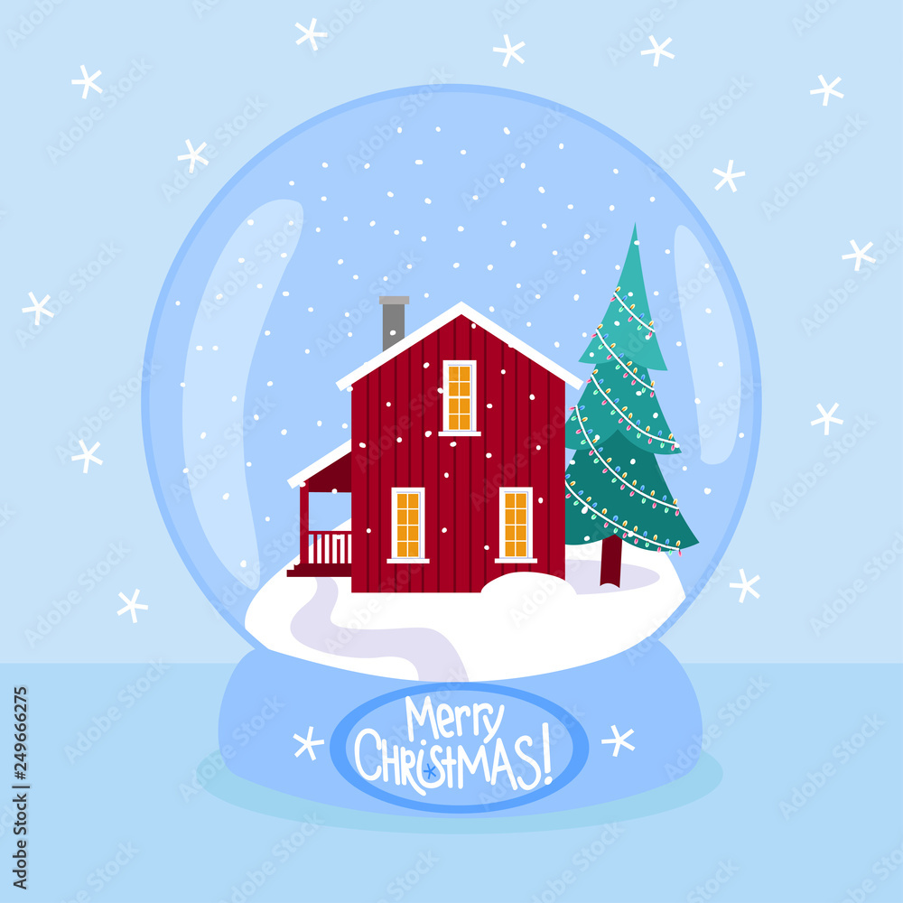 Christmas snow globe with snowy scandinavian red house Christmas snow globe with snowy scandinavian red house