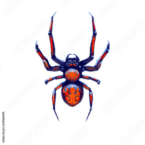 Exotic danger spider with red spots, cartoon arachnid on white