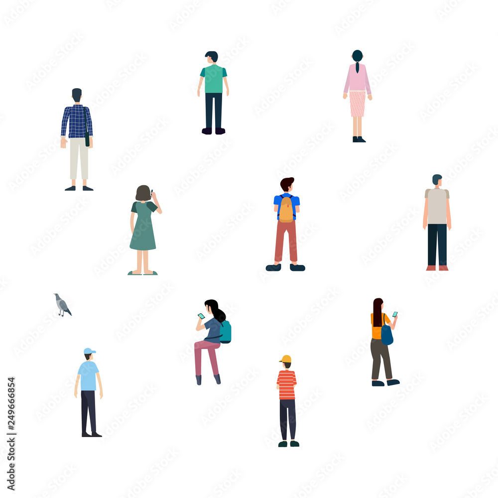Crowd of people outdoor activities with bird.people standing or waiting on white background. Group of male and female flat cartoon characters isolated on white background.people set Vector