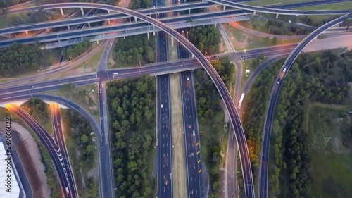 Hyperlapse aerial view of a highway overpass. M4 and M7 Interchange.