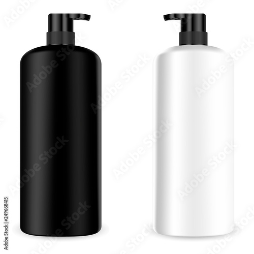 Pump Dispenser Bottle. Plastic Cosmetic Container Mockup for Gel, Foam, Moisturizer. Skin or Hair Treatment Tube with Dispenser Lid. Empty Vector Packaging in Black and White.