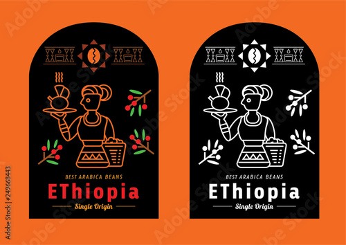 Ethiopia coffee label with local farmer