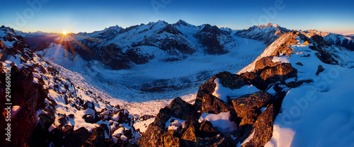 Majestic view of Aletsch glacier, the largest glacier in Alps at UNESCO heritage and Bettmeralp, Valais, Switzerland, Europe (Aletschgletscher) valley in Eggishorn, Fiesch, Bernese Oberland First snow