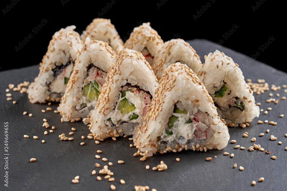 Triangle sushi with crab meat and cream cheese. Triangle sushi with crab meat and cream cheese.