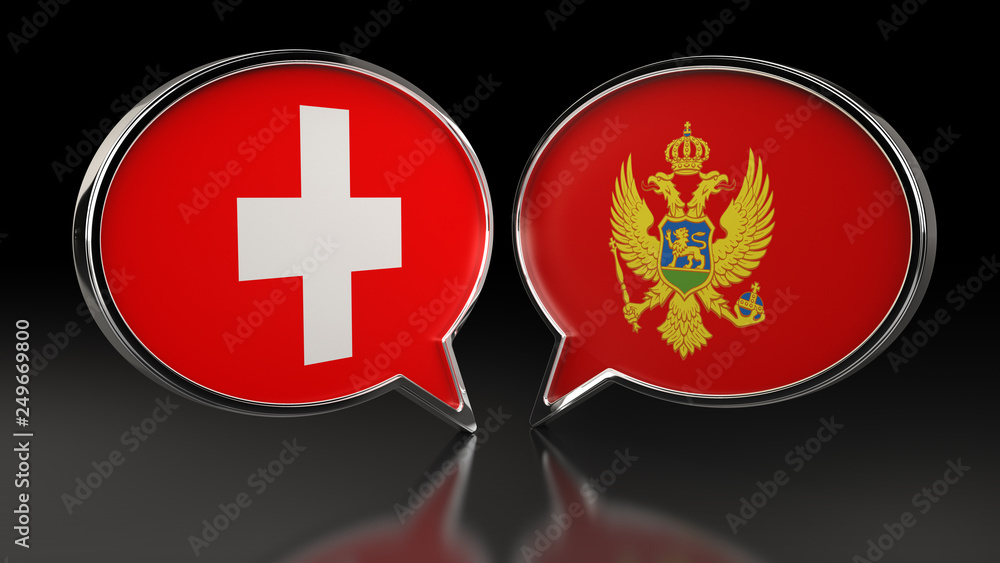 Fototapeta premium Switzerland and Montenegro flags with Speech Bubbles. 3D illustration