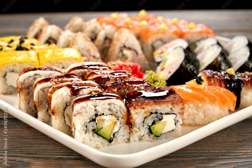 Close up of california rolls, sushi set. Close up of california rolls, sushi set.