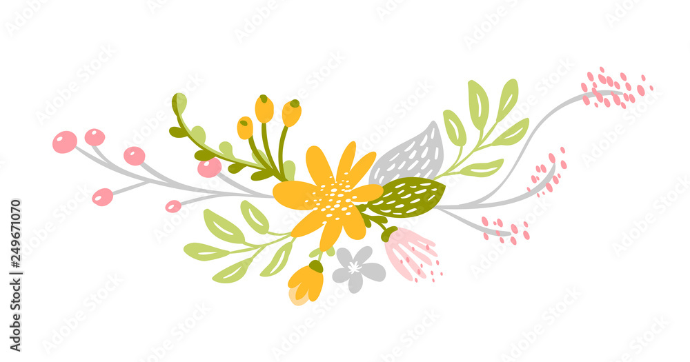 Flat abstract green flower herbs bouquet. Vector Meadow garden spring easter, woman day romantic holiday, wedding invitation card decoration element summer floral Illustration white background