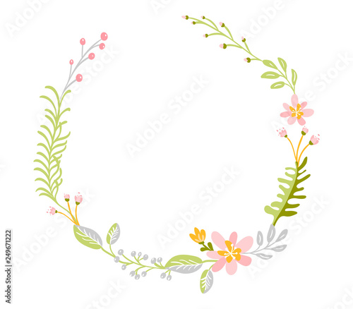 Flat abstract spring flower herbs wreath. Vector Meadow garden frame, woman day romantic holiday, wedding invitation card decoration element summer floral Illustration isolated white background