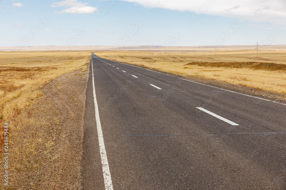 asphalt road in the mongolian steppe, Mongolia, Gobi Desert asphalt road in the mongolian steppe, Mongolia, Gobi Desert