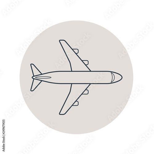 Icono plano lineal avión de pasajeros en círculo color gris