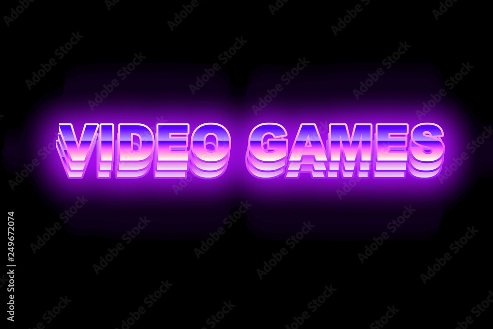 Purpule neon with blue futuristic lettering text video games with a glow in the retro 80 s style on a black background. Isolated on black
