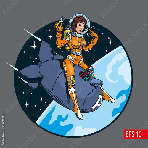 A vintage comic style sexy pin-up girl in space suit and helmet riding a atomic bomb. Vector illustration.