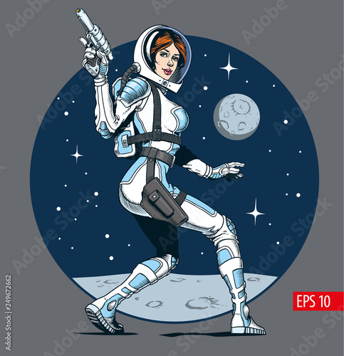 Sexy astronaut girl with blaster gun. Classic comic book style vector illustration.