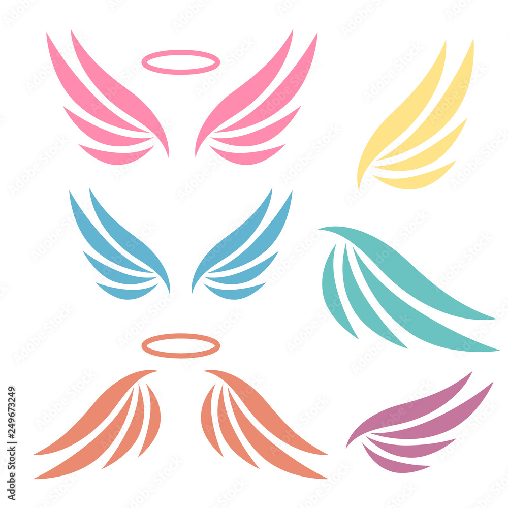 Fototapeta premium Hand drawn wings logo set. Set of logo with wings. Angels and birds winged labels