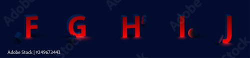 Red luminous latin 3d letters F, G, H, I, J. Font design for logo.