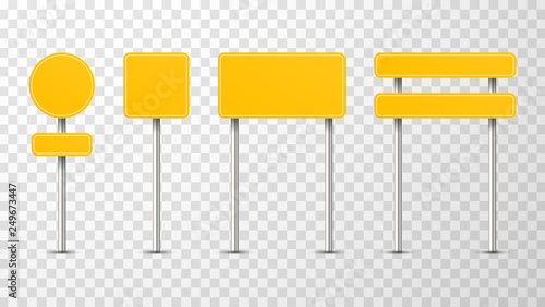 Blank yellow road traffic signs isolated on transparent background.