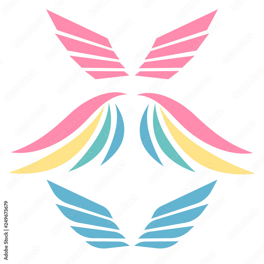Wings emblem elements. Angels and birds winged labels. Bird wings vector logo. Vector angel winged label