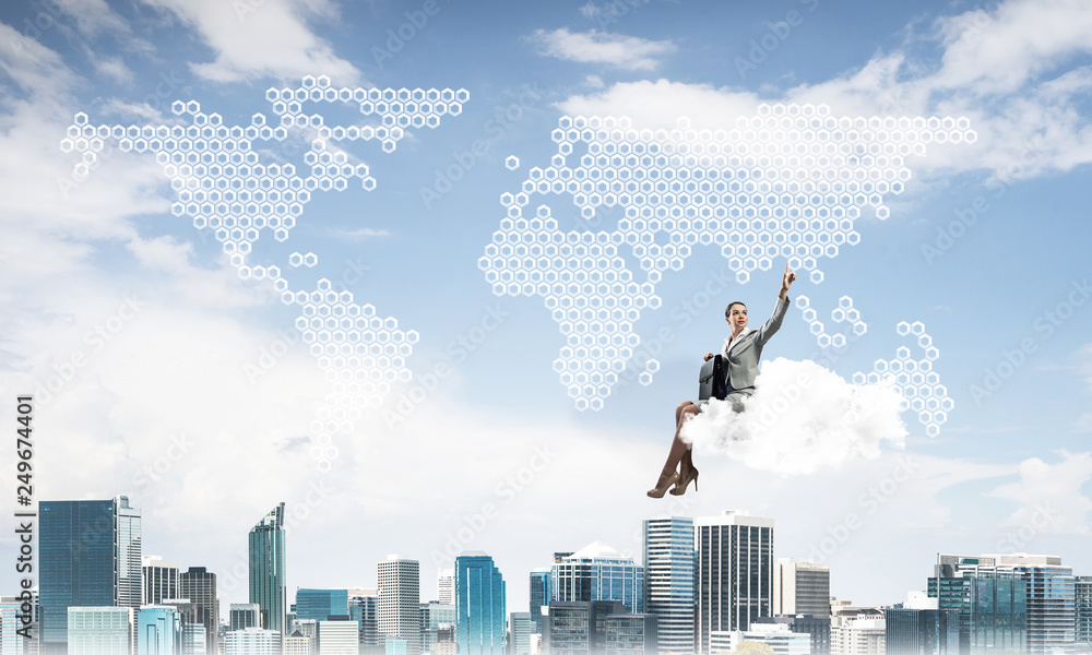 Elegant lady boss or accountant float on cloud and pointing with finger Elegant lady boss or accountant float on cloud and pointing with finger