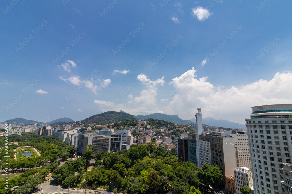 Panoramic view of Rio de Janeiro - Brazil. Corcovado, Paris Square, Passeio Publico, Cinelandia Municipal Theater