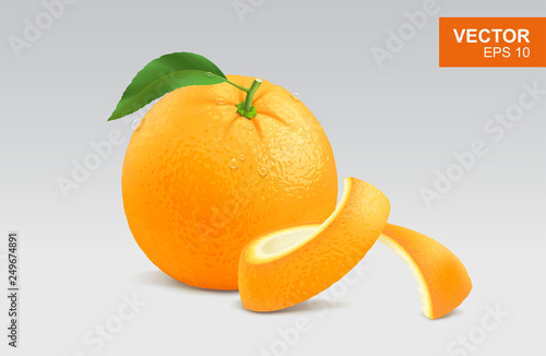 Realistic whole orange vector clipart, icon, mockup with green leaf and water drop