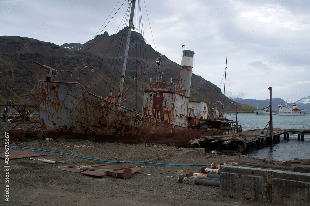 Grytviken South Georgia Island, abandoned boat neat derelict pier
