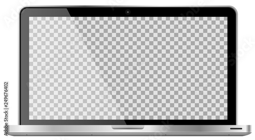 Realistic modern 4k laptop isolated on white background. Empty transparent screen template. Blank copy space on modern mobile computer. Vector illustration