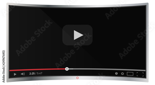 Realistic modern curved 4k TV monitor isolated on white background. Classic video player template on screen. Online video watching conecpt. Vector illustration