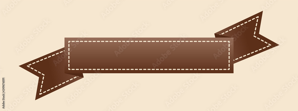 Embroidered flat style brown ribbon isolated on ivory background. Brown  fabric vintage tape. Template for banner, award, sale, icon, logo, label,  poster etc. Vector illustration Stock Vector