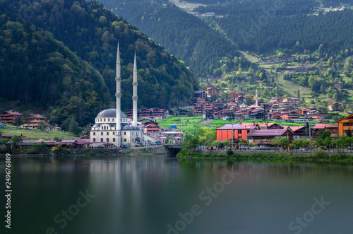 Travel in Turkey. Mosque on the mountain lake Uzungol, Trabzon photo
