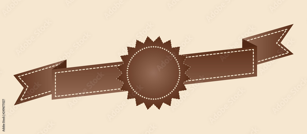 Embroidered flat style brown ribbon isolated on ivory background. Brown  fabric vintage tape. Template for banner, award, sale, icon, logo, label,  poster etc. Vector illustration Stock Vector