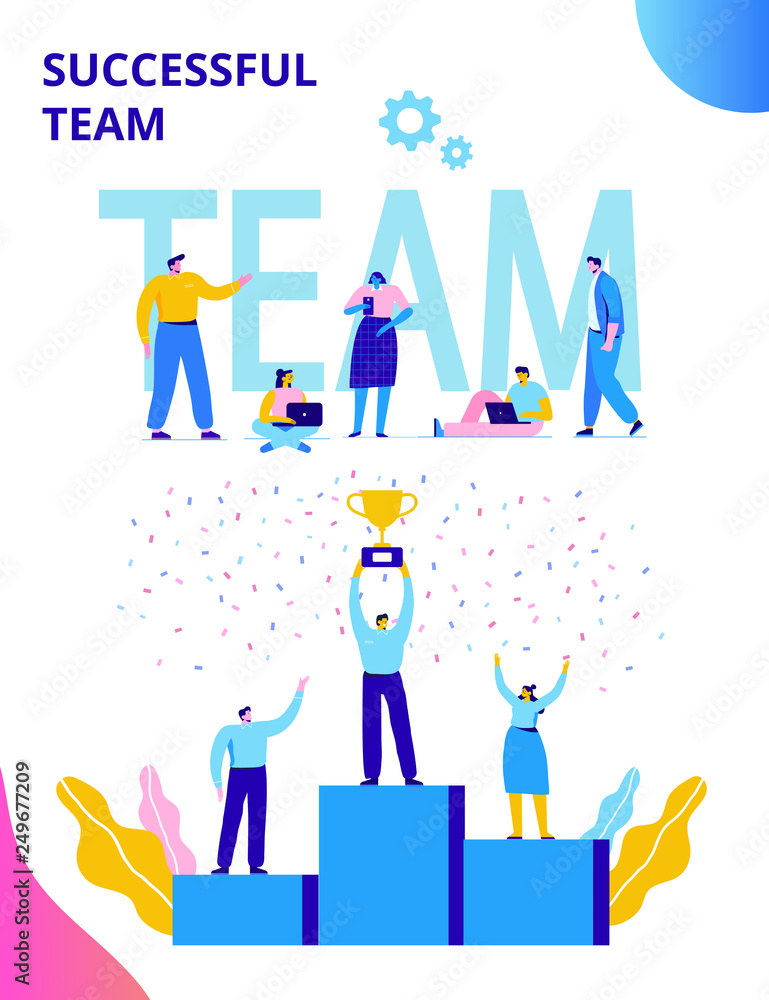 Business people character holding thropy and get reward standing on podium and celebrate. Team Work, Partnership, Leadership Concept. Flat vector illustration on white background. Modern style.