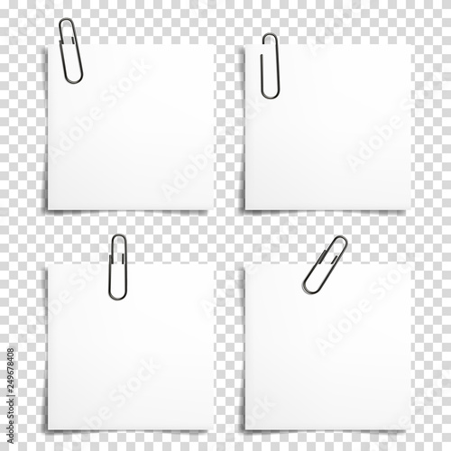 Set of realistic paper clip with paper and shadow , isolated. photo