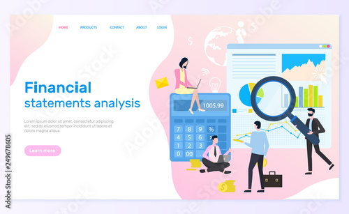 Financial statement analysis vector, statistical graphics and calculations. Web page and magnifier, diagram and chart, businessman and businesswoman. Website template landing page in flat