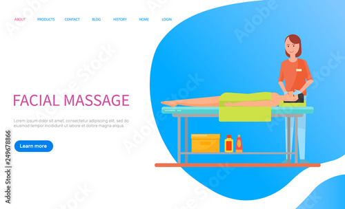 Woman lying on table with towel on body, masseuse making facial massage. Relaxation of head, procedure with face. Portrait view of people web vector. Website or webpage template landing page in flat