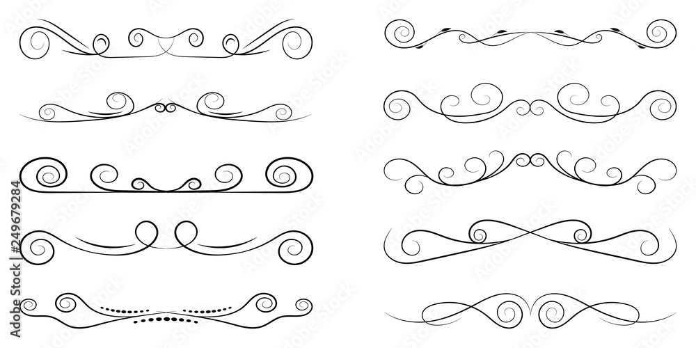 Set of curls and scrolls. Decorative divider elements for frames and books. Elegant swirl vector illustration. Set of curls and scrolls. Decorative divider elements for frames and books. Elegant swirl vector illustration.