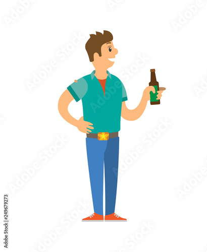Male on disco standing with bottle of alcohol vector. Isolated male holding glass of alcoholic beverage, drinking guy partying in club, clubbing man