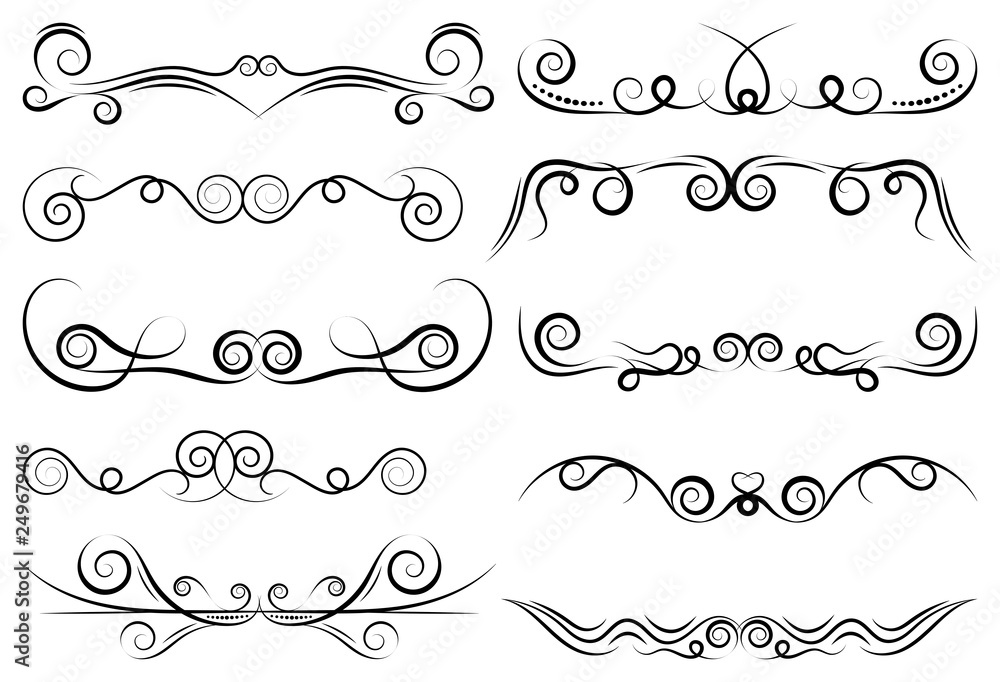 Set of curls and scrolls. Decorative divider elements for frames and books. Elegant swirl vector illustration. 