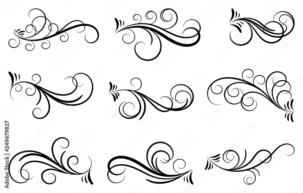 Set of curls and scrolls. Decorative divider elements for frames and books. Elegant swirl vector illustration.  - obrazy, fototapety, plakaty 