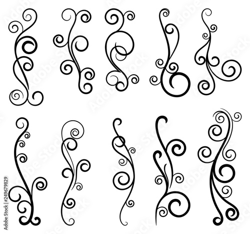 Calligraphic black and elegant swirl dividers collection. Set of curls and scrolls for wall and page decoration, greeting cards and tattoos. Vector calligraphic design border elements illustration.