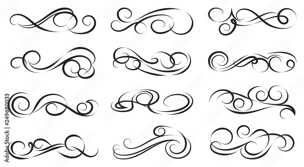 Black and elegant swirls collection. Set of curls and scrolls for wall decoration and tattoos. Vector illustration.