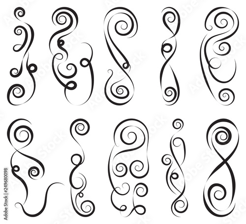 Black and elegant swirls collection. Set of curls and scrolls for wall decoration and tattoos. Vector illustration.
