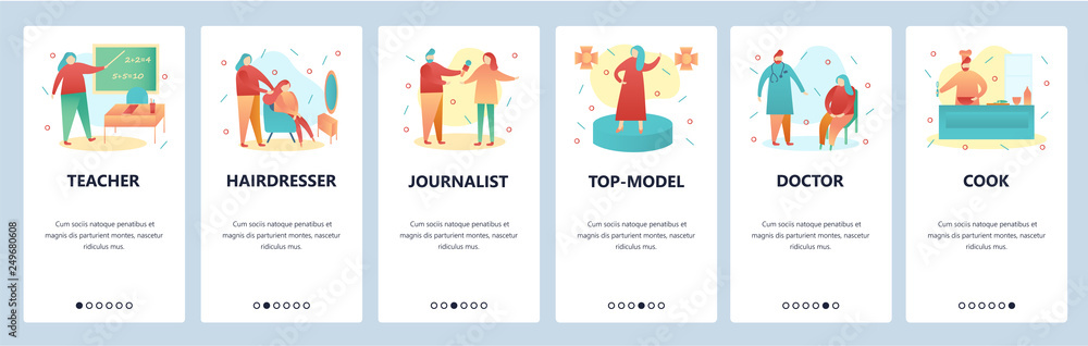 Web site onboarding screens. People of different professions, teacher, doctor, chef. Menu vector banner template for website and mobile app development. Modern design flat illustration. Web site onboarding screens. People of different professions, teacher, doctor, chef. Menu vector banner template for website and mobile app development. Modern design flat illustration.