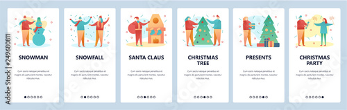 Web site onboarding screens. Christmas and new year party. Snowman, santa claus and christmas tree. Menu vector banner template for website and mobile app development. Modern design flat illustration.