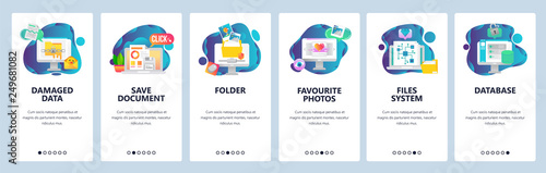 Web site onboarding screens. Computer files and data system. Menu vector banner template for website and mobile app development. Modern design flat illustration.
