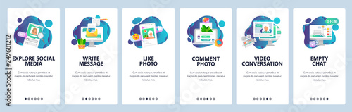 Web site onboarding screens. Social media services, online chat and dating profiles. Menu vector banner template for website and mobile app development. Modern design flat illustration.