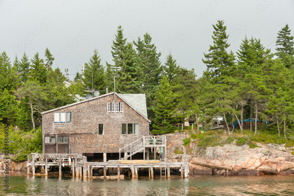 Typical New England shingled waterfront house on Schoodic Peninsula
