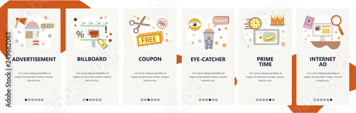 Web site onboarding screens. Marketing and advertising, internet AD. Menu vector banner template for website and mobile app development. Modern design flat illustration.