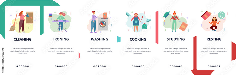 Web site onboarding screens. Housework, cleaning, washing, cooking. Menu vector banner template for website and mobile app development. Modern design flat illustration.