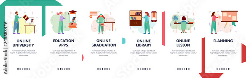 Web site onboarding screens. Online education and digital library. Studying at home. Menu vector banner template for website and mobile app development. Modern design flat illustration.